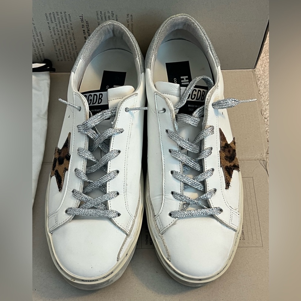 Golden Goose Hi Star Sneakers with Leopard Star Accent